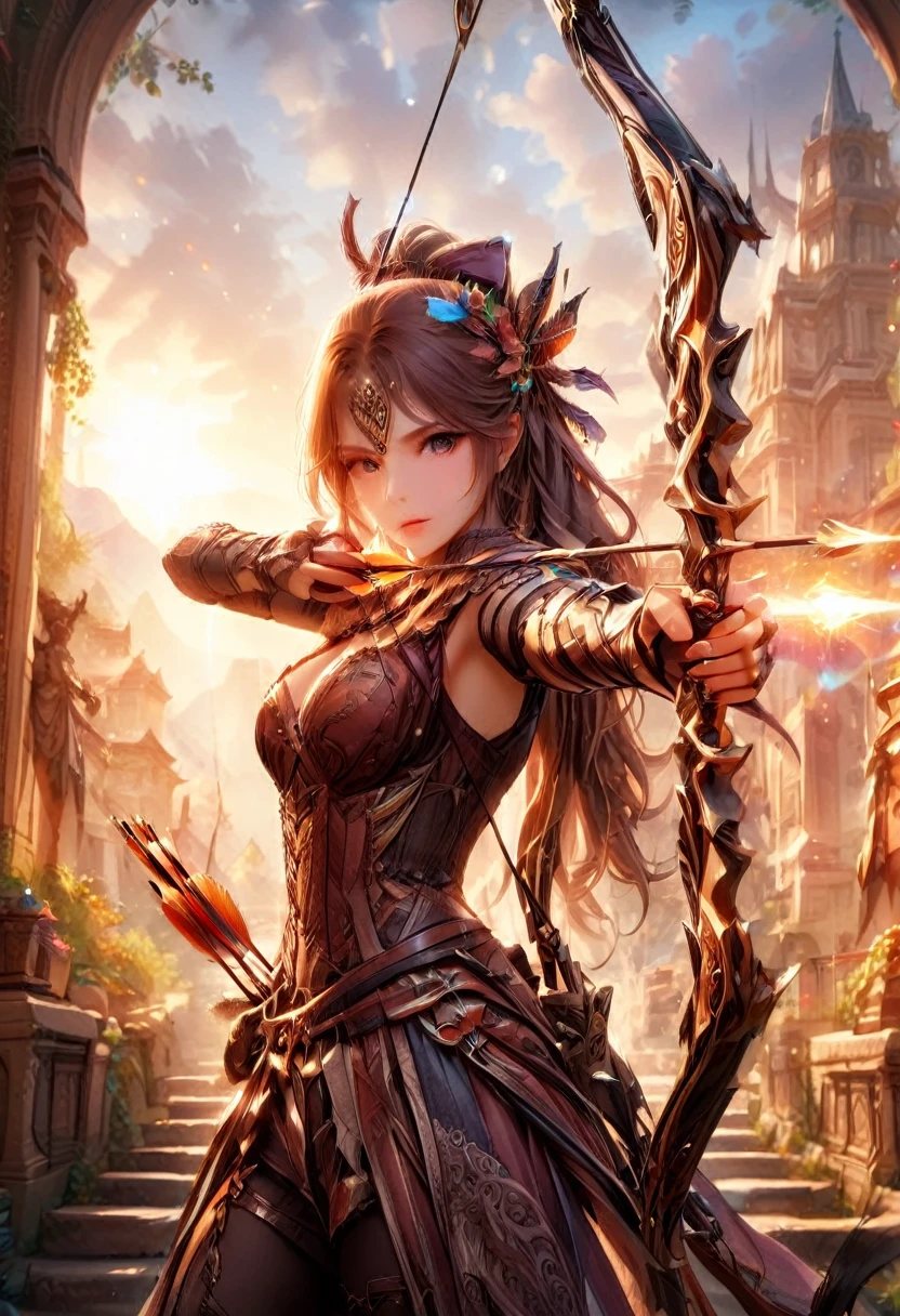a watercolor illustration of a exquisite beautiful female archer, (silhouette artwork: 1.3), ready for action as the sun rises, fantasy art, ), sun rising behind the archer, ready to act,  ultra feminine, with a long curvy hair, dynamic bow, sting drawn to the cheek , arrow ready to be shot, (arrow tip glimmers: 1.1), sunrays, divine rays, high details, best quality, 16k, [ultra detailed], masterpiece, best quality, (extremely detailed), dynamic angle, Aiming a Bow, bow (weapon), Aiming a Bow