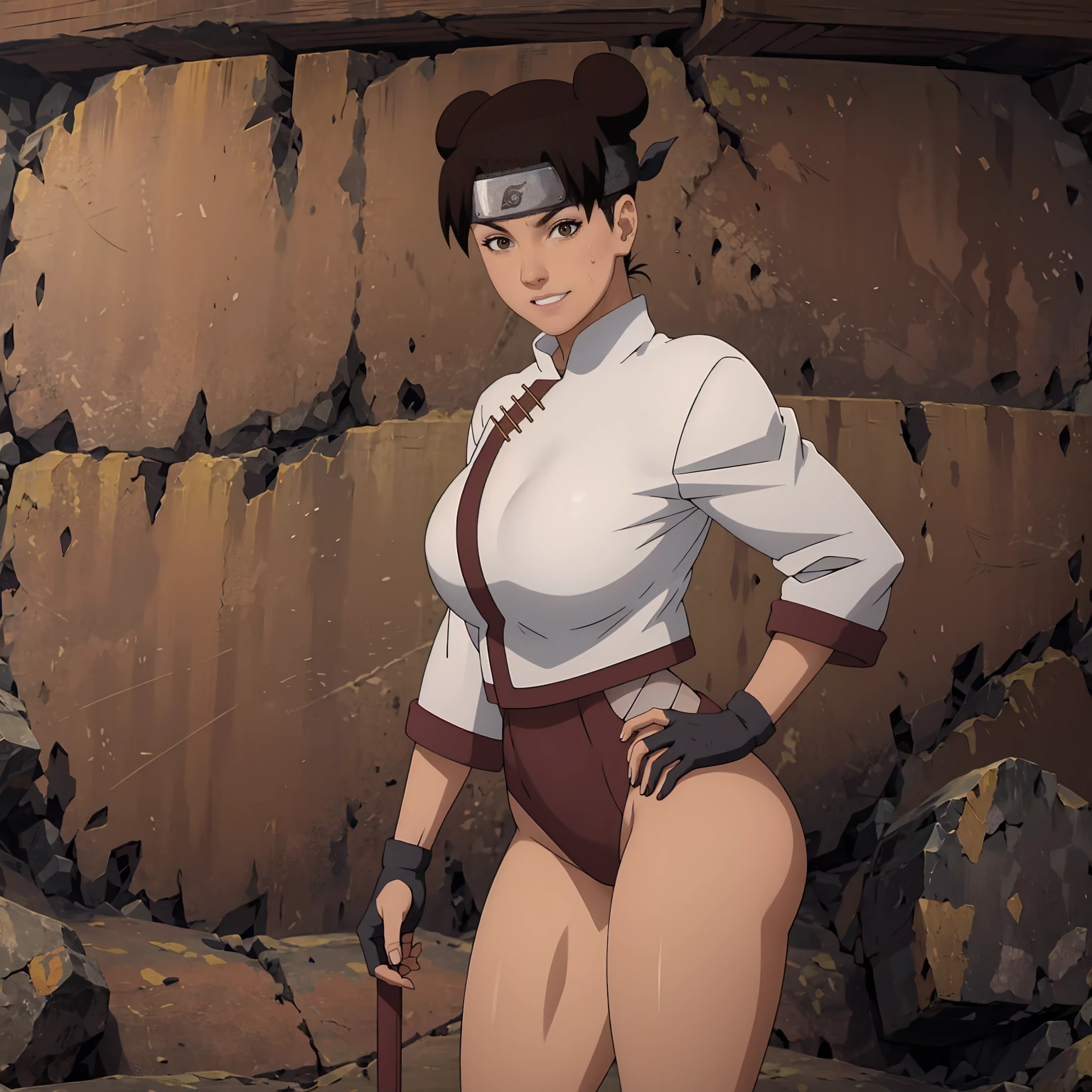 score_9, score_8_up, score_7_up, score_6_up, source_anime, BREAK 1girl, solo, tenten\(shippuden\), forehead protector, konohagakure symbol, headband, legs focus, thick legs,huge breasts, front, looking at you, grin, standing, dojo