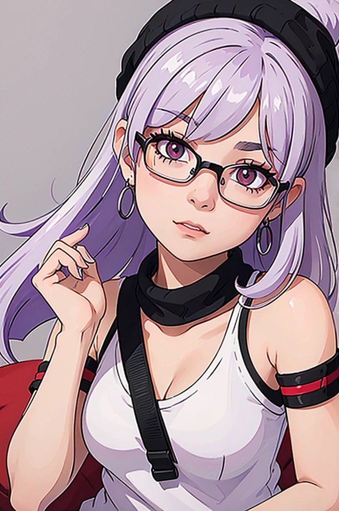 girl, white beanie, bangs, light purple hair, red eyes, glasses, [black tanktop], choker,