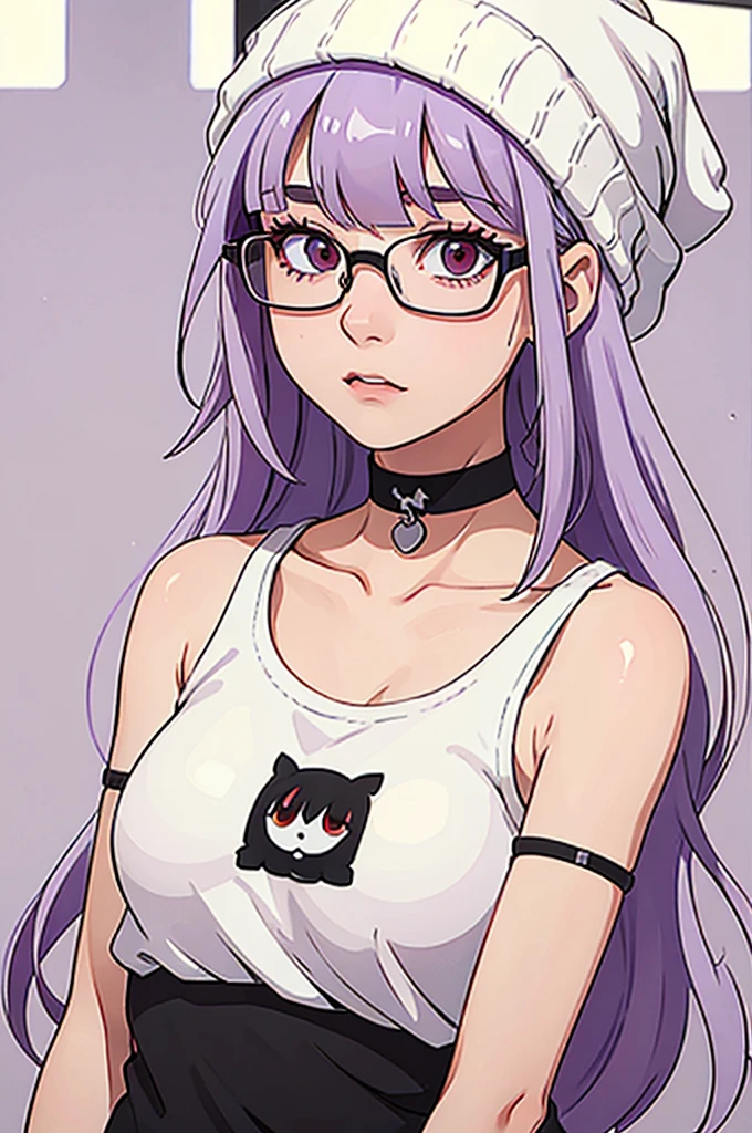 girl, white beanie, bangs, light purple hair, red eyes, glasses, [black tanktop], choker,