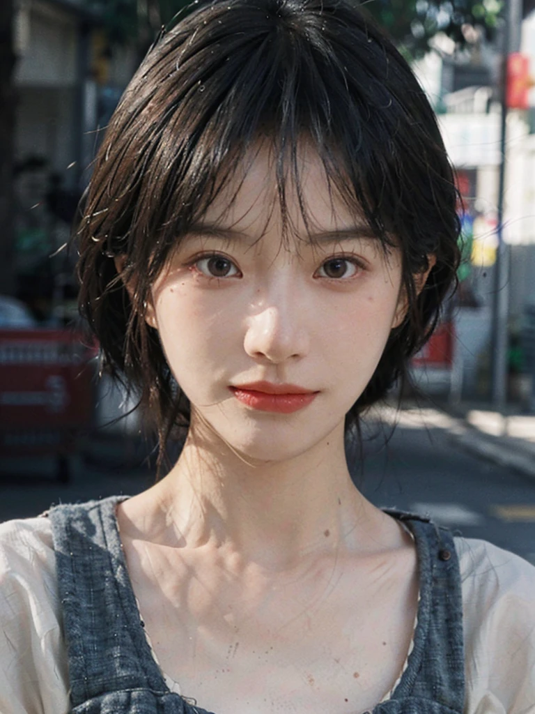 (Skin details:1.4), (smooth skin textures:1.3), Lipstick, background, earrings, serene, calm, Suspenders,(Realistic and detailed eyes:1.2), Natural skin texture, Realistic facial details, Soft dramatic lighting, Vivid details, 35 mm film, outdoor, (Photo Practical:1.4), (hyper Practical:1.4), (Practical:1.3), (Smoother lighting:1.05), (Improve lighting quality:0.9), (Highest quality real skin textures:1.4), Exquisite eyes, Delicate face, Close-up of face, (Enhance the beauty of skin texture:1.1), Hair details,(Large Breasts:1.3)normal body ratio, short hair, Moles under the eyes, A faint smile,Portrait Photography, Depth of Field, Bokeh, Surrealism, Ray Tracing, (Portrait Photography:1.1), Surrealism, High Detail, Chiaroscuro, Ray Tracing, reflected light, Ultra HD, Ultra HD, masterpiece, Textured Skin, Super Detail, High Detail, high quality, best quality
