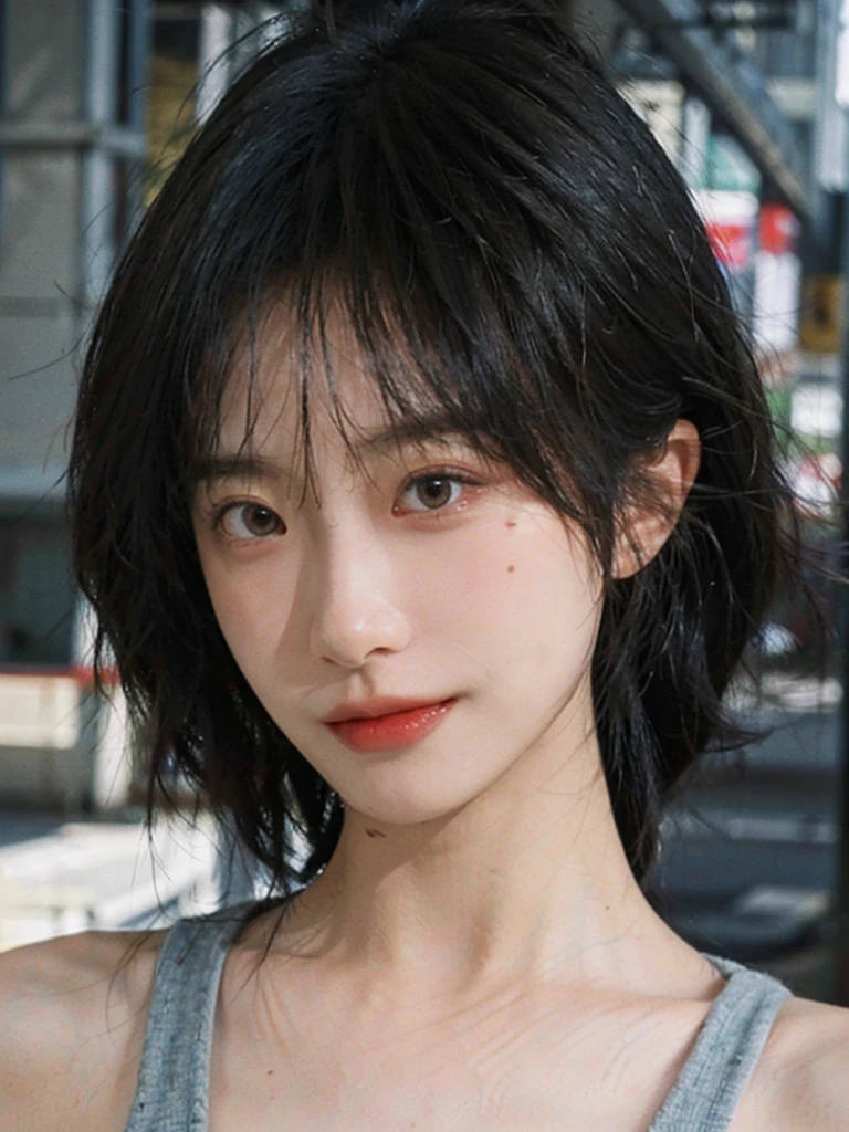 (Skin details:1.4), (smooth skin textures:1.3), Lipstick, background, earrings, serene, calm, Suspenders,(Realistic and detailed eyes:1.2), Natural skin texture, Realistic facial details, Soft dramatic lighting, Vivid details, 35 mm film, outdoor, (Photo Practical:1.4), (hyper Practical:1.4), (Practical:1.3), (Smoother lighting:1.05), (Improve lighting quality:0.9), (Highest quality real skin textures:1.4), Exquisite eyes, Delicate face, Close-up of face, (Enhance the beauty of skin texture:1.1), Hair details,(Large Breasts:1.3)normal body ratio, short hair, Moles under the eyes, A faint smile,Portrait Photography, Depth of Field, Bokeh, Surrealism, Ray Tracing, (Portrait Photography:1.1), Surrealism, High Detail, Chiaroscuro, Ray Tracing, reflected light, Ultra HD, Ultra HD, masterpiece, Textured Skin, Super Detail, High Detail, high quality, best quality