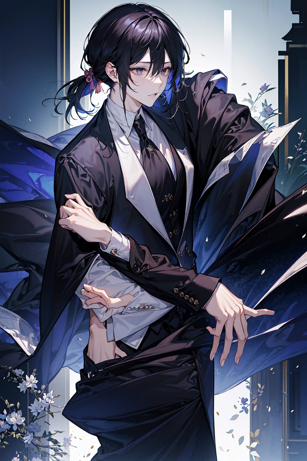 male、Black髪色、dark、Black、front、suit、Earrings