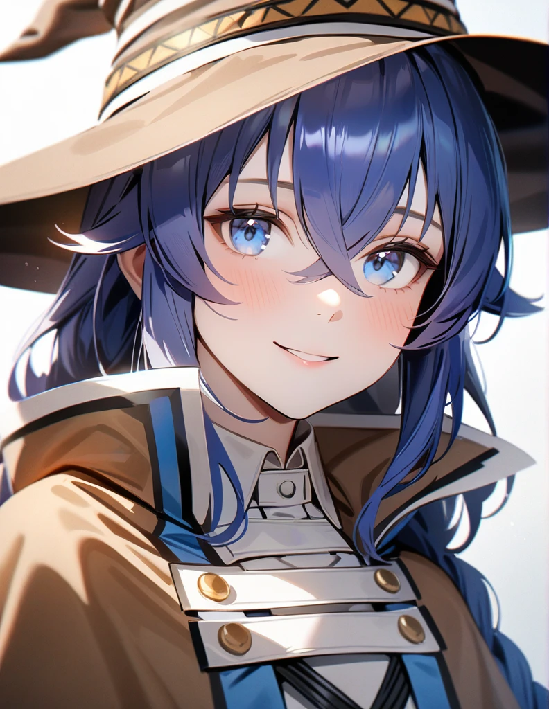 masterpiece, (photorealistic:1.4), best quality, beautiful lighting,

roxy migurdia, 1girl, bangs, blue eyes, blue hair, blush, braid, brown cape, brown capelet, brown headwear, cape, capelet, collared shirt, crossed bangs, dress, hair between eyes, hat, long braid, long hair, long sleeves, looking at viewer, shirt, simple background, smile, solo, tsurime, twin braids, upper body, white background, white dress, witch hat, ((masterpiece))

, intricate details, natural light, RAW photo, 8k uhd, film grain 
