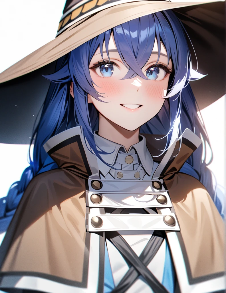 masterpiece, (photorealistic:1.4), best quality, beautiful lighting,

roxy migurdia, 1girl, bangs, blue eyes, blue hair, blush, braid, brown cape, brown capelet, brown headwear, cape, capelet, collared shirt, crossed bangs, dress, hair between eyes, hat, long braid, long hair, long sleeves, looking at viewer, shirt, simple background, smile, solo, tsurime, twin braids, upper body, white background, white dress, witch hat, ((masterpiece))

, intricate details, natural light, RAW photo, 8k uhd, film grain 
