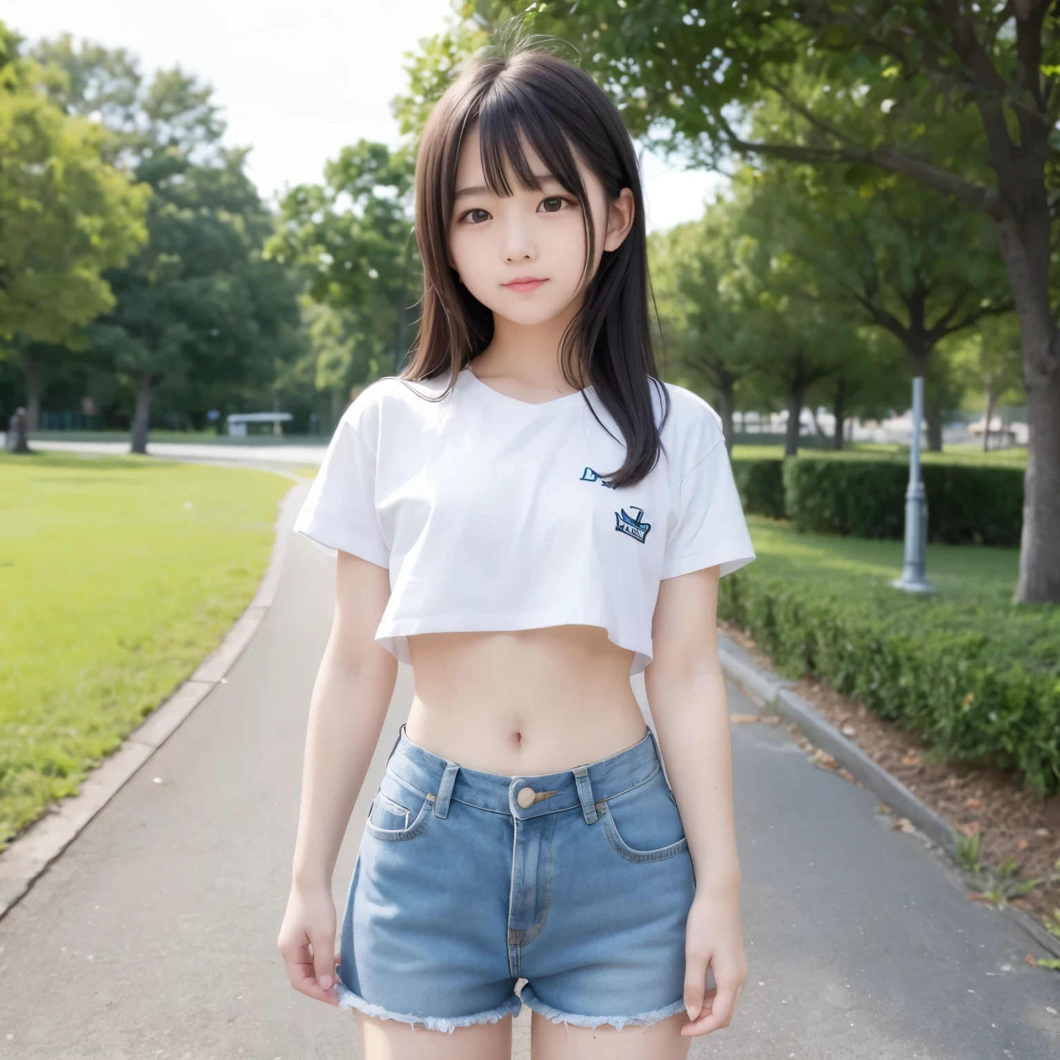 Cute elementary school girl standing in park Idol 10 years old Cute female  Elementary school navel hot pants Cute hot pants short denim Cute Japanese Japanese young girl Cute loli 8k high quality highest quality highest quality color