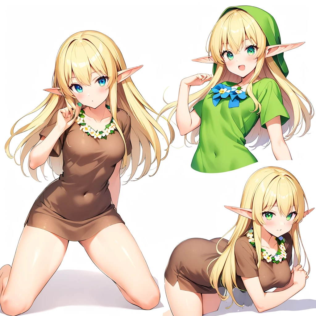 16k works,Highest quality,18-year-old,No background.White background only,whole body、Kneel,Dynamic and sexy pose, One person, Beautiful Face,, Symmetrical eyes, Perfect body, Good balance、 Perfect body、blonde, Elf Fairy, ( Wearing an elf costume:1.5, Elf Ears, Corolla:1.3, Flower Earrings, Flower Necklace )