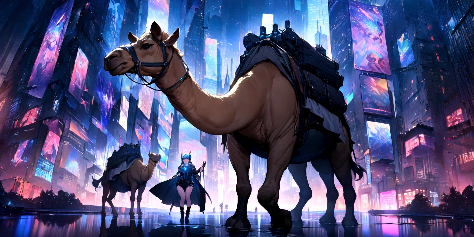 ((masterpiece, Highest quality, Best image quality, High resolution、４ｋ)) A female demon riding a camel、Glowing blue eyes and advanced cybernetic enhancements. Seen in dynamic action poses, reflection on a smooth surface. The cityscape below is filled with towering skyscrapers., illuminated by colorful holographic advertisements, Shining with blue energy, Mighty power. The overall atmosphere is dark and mysterious., It had a futuristic techno vibe.. The lighting is dramatic, Intense highlights and deep shadows, Creates depth and tension.