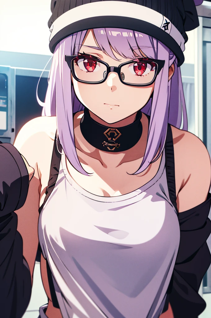 girl, white beanie, bangs, light purple hair, red eyes, glasses, [black tanktop], choker,