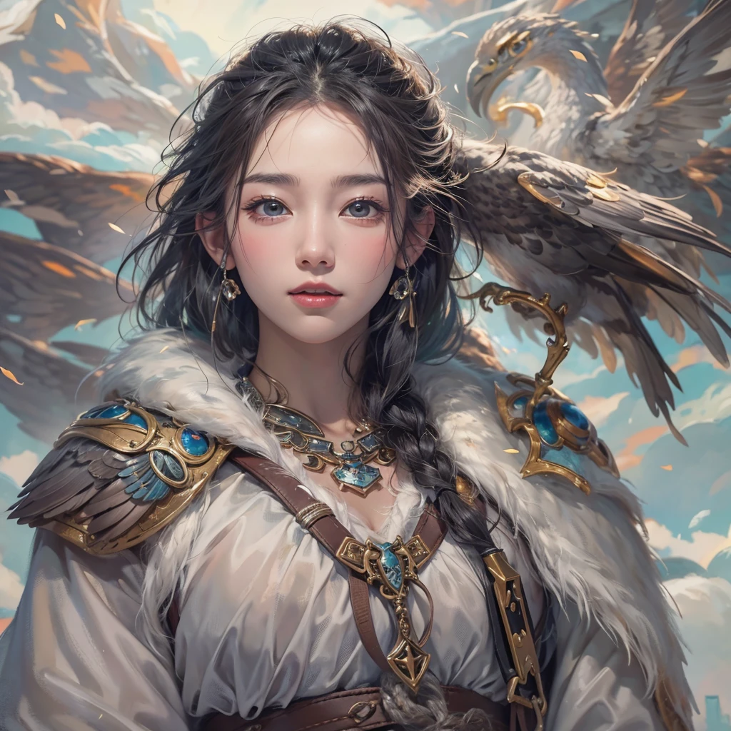 Hiding in the snowy mountains、Hair flow、 ((Highest quality、masterpiece、8K、Best image quality、Ultra-high resolution、Award-winning works)、(Accurate anatomy:1.1)、(Look at me and smile:1.1)、Shining fair skin with Ultra-high resolution、The most detailed face、Ultra-high resolution detailed face、Ultra-high resolutionの髪の毛、(Ultra-high resolutionの煌めく瞳:1.1)、Beautiful face drawn in every detail、(Blurred Background:1.1)、Ancient Inuit clothing, Chest to chest, tattoo, Old ruins in the background、Apart from the real giant eagle
