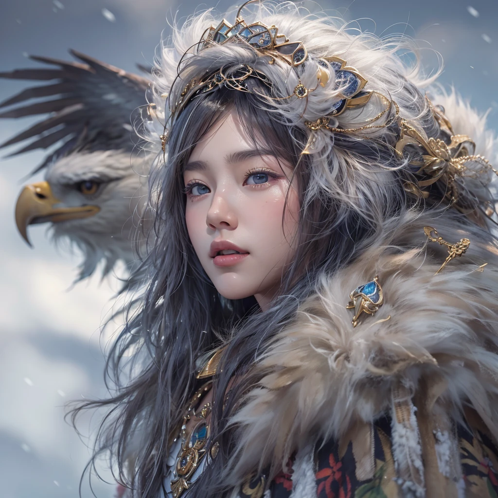 Hiding in the snowy mountains、Hair flow、 ((Highest quality、masterpiece、8K、Best image quality、Ultra-high resolution、Award-winning works)、(Accurate ???????:1.1)、(Look at me and smile:1.1)、Shining fair skin with Ultra-high resolution、The most detailed face、Ultra-high resolution detailed face、Ultra-high resolutionの髪の毛、(Ultra-high resolutionの煌めく瞳:1.1)、Beautiful face drawn in every detail、(Blurred Background:1.1)、Ancient Inuit clothing, Chest to chest, tattoo, Old ruins in the background、Apart from the real giant eagle