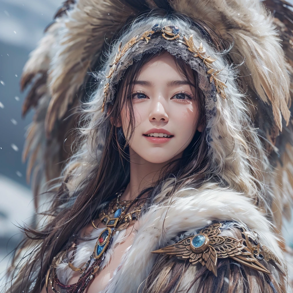 Hiding in the snowy mountains、Hair flow、 ((Highest quality、masterpiece、8K、Best image quality、Ultra-high resolution、Award-winning works)、(Accurate anatomy:1.1)、(Look at me and smile:1.1)、Shining fair skin with Ultra-high resolution、The most detailed face、Ultra-high resolution detailed face、Ultra-high resolutionの髪の毛、(Ultra-high resolutionの煌めく瞳:1.1)、Beautiful face drawn in every detail、(Blurred Background:1.1)、Ancient Inuit clothing, Chest to chest, tattoo, Old ruins in the background、Apart from the real giant eagle