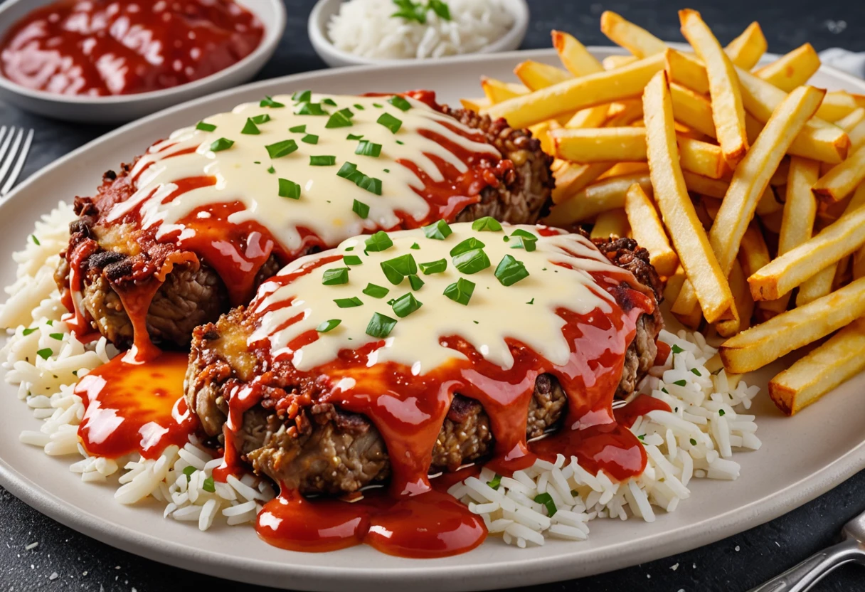 A 4K image of 2 (crispy beef parmigiana steaks), perfectly prepared, covered with a generous layer of melted cheese, accompanied by white rice and French fries.