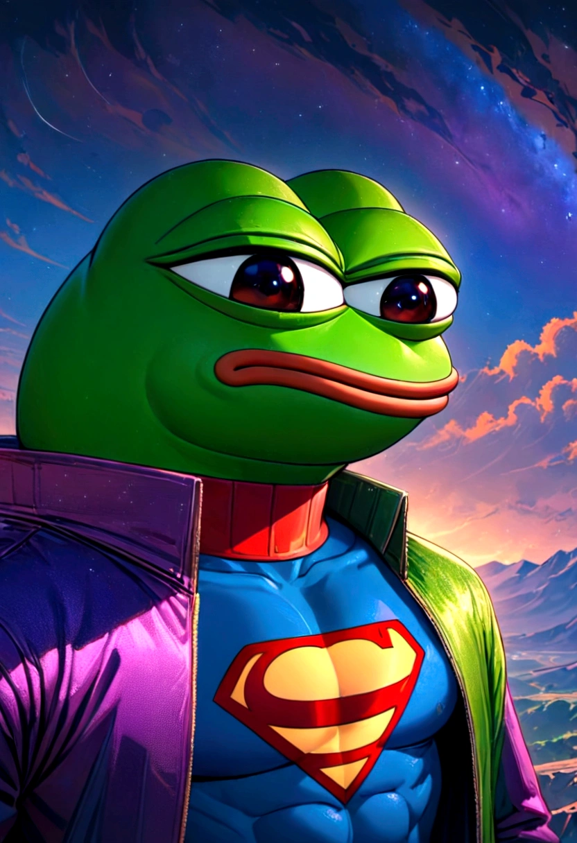 portrait of purple super hero pepe with purple skin,, wearing super hero outfit with big H in middle , pepe from my hero avademia, my hero academia, a starry night sky background, (((pepe_frog))),,detailed portrait, (best quality,8k,highres,masterpiece:1.2),ultra-detailed,digital painting,vibrant colors,dramatic lighting,fantasy,surreal, pepe the with purple skin, hedgehog with big mucles, hedgehog, supe hero, superman, pepe the frog, as super hero pepe_frog, high qulity (((PepeFrog))), big H on outfit, H superhero