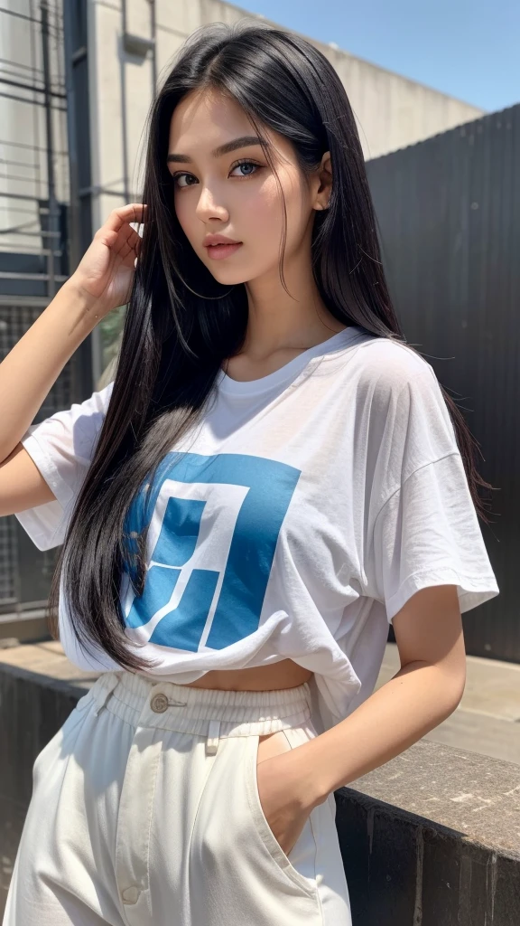 She is a very beautiful, extremely beautiful girl with very white skin, 170 cm tall, coal black and long hair, wearing a white loose t-shirt and blue oversize trousers.