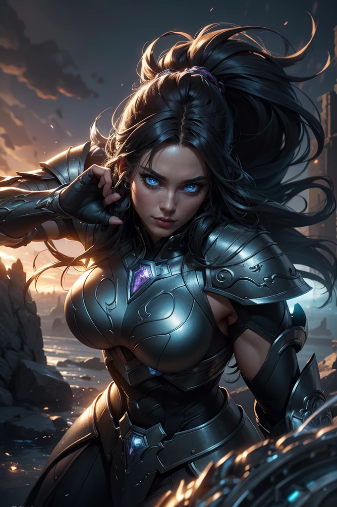 1girl, muscular athletic body, elemental powers, glowing energy aura, hyper detailed, intricate armor, detailed facial features, piercing eyes, flowing hair, detailed clothing texture, dynamic action pose, volumetric lighting, cinematic camera angle, fantasy landscape background, epic dramatic lighting, vibrant color palette, digital art, concept art style, octane render, 8k, HDR, hyper realistic, photorealistic
