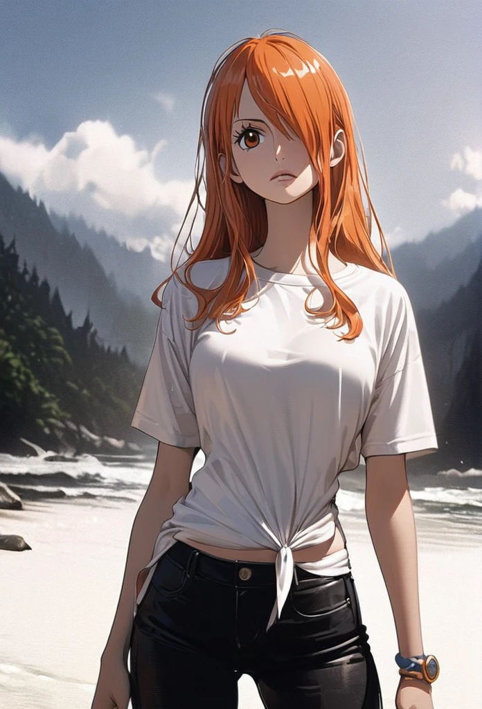 masterpiece, best quality), intricate details, 1 girl, woman, orange hair, nami \ (one piece\), (short hair) (side bangs) shirt, ((white shirt, black pant, black court)) female focus, nature, scenery, upper body, ((front view)) ((close up shot)) ((solo)) ((hair over one eyes)) detailed, very high resolution, no blurry image, full body, orange eyes, sligh wavy hair, ((nami from one piece)) ((female nami from one piece)), (((straight hair)) ((front view))