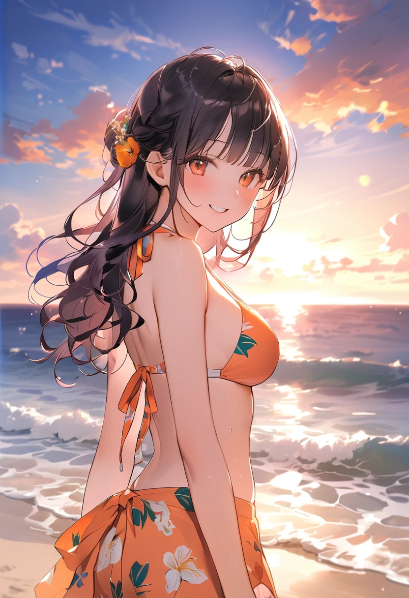 onegirl、neatnessgirl、beautifulgirl、Bikini、beach、Summer、Bikini、beautifulBikini、neatnessBikini、smile、beautiful、beautifulneatnessgirl、Sea、beautifulbeach, standing, afternoon and evening middle time, pink and orange sky, clouds ocean 