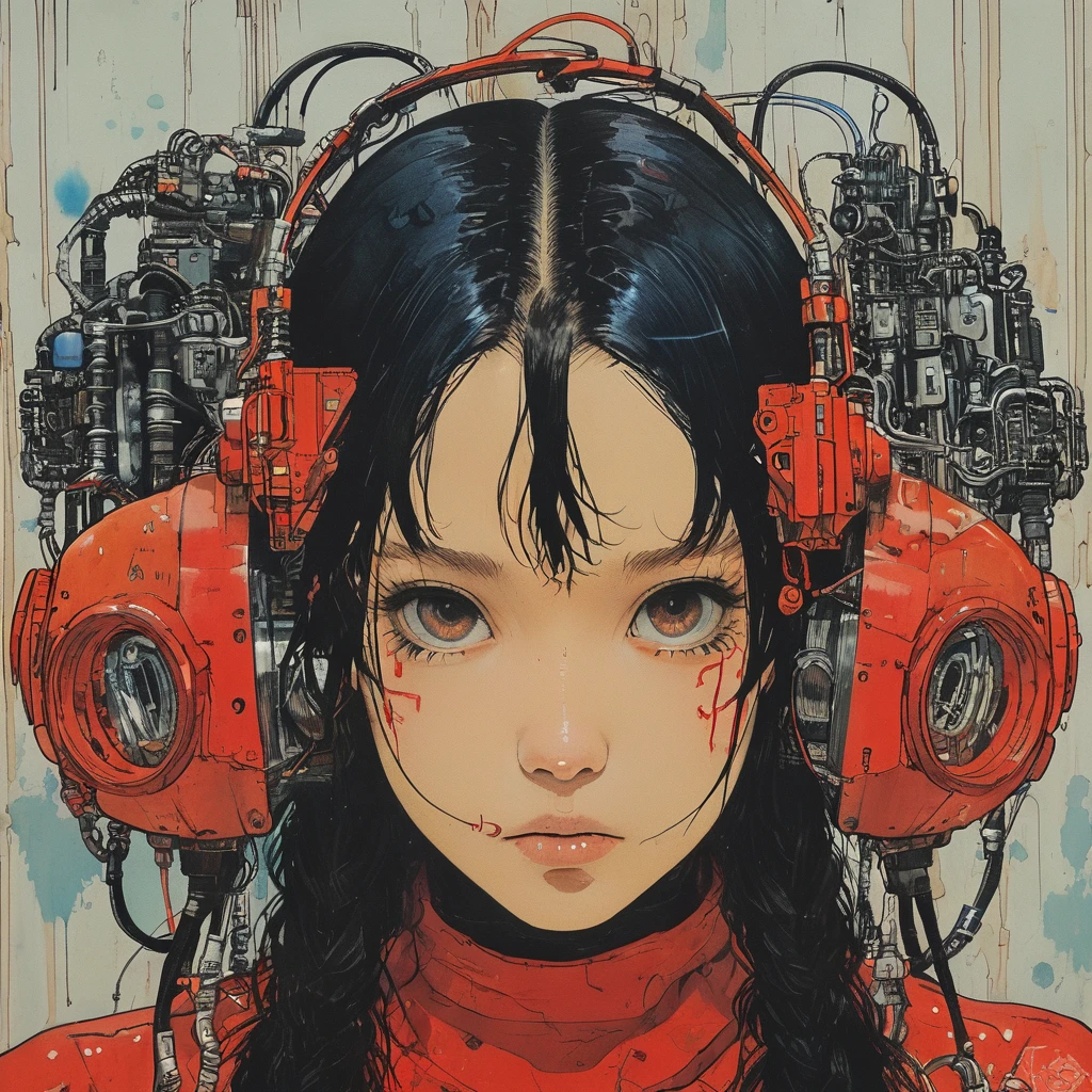 1 female demonic  cyborg , tubes connected to the wall
beautiful 
long black hair
praying
mechanical limbs
red turtle neck tight
skulls
(color ink painting by  Katsuhiro Otomo, Moebius, Victo Ngai	 Katsuya Terada, Aaron Horkey )