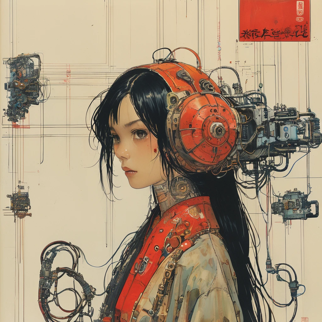 1 female demonic  cyborg , tubes connected to the wall
beautiful 
long black hair
praying
mechanical limbs
red turtle neck tight
skulls
(color ink painting by  Katsuhiro Otomo, Moebius, Victo Ngai	 Katsuya Terada, Aaron Horkey )