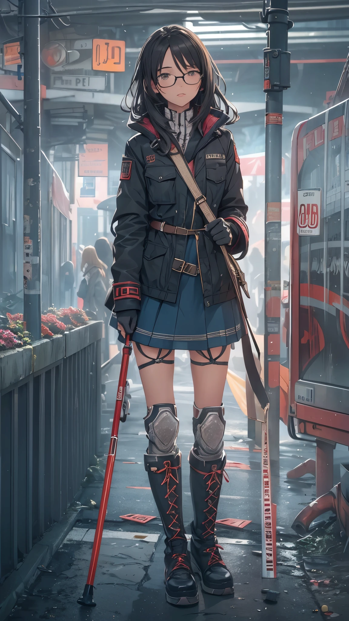(Very detailed, Realistic), Cityscape, [moderately:Oil], [Professional:1.1], [Physically Based Rendering], [Bright colors], [Sharp focus], [Studio Lighting], [Extreme Detail], [Highest quality,4K,8K,High resolution,masterpiece:1.2],(Detailed face),((inside the street)),((there is many peoples in the street)),((One 18-year-old woman)),(Glasses),(Black unkempt hair),(dark),(it hurts),(Scary),[Nervous eyes],((many peoples are watching her of crutche’s user)),((She walks with crutch,Crutch length from armpit,Crutch are at her side)),((she leans on crutch)),((she’s putting on her legs in cast)),((leg braces)),((leg braces)),((she’s crutches user)),((Her feet are turned inwards)),(winter clothes ladies fashion,trench coat,tights),((lace-up-long-boots)),(gloves,Knee pads),.