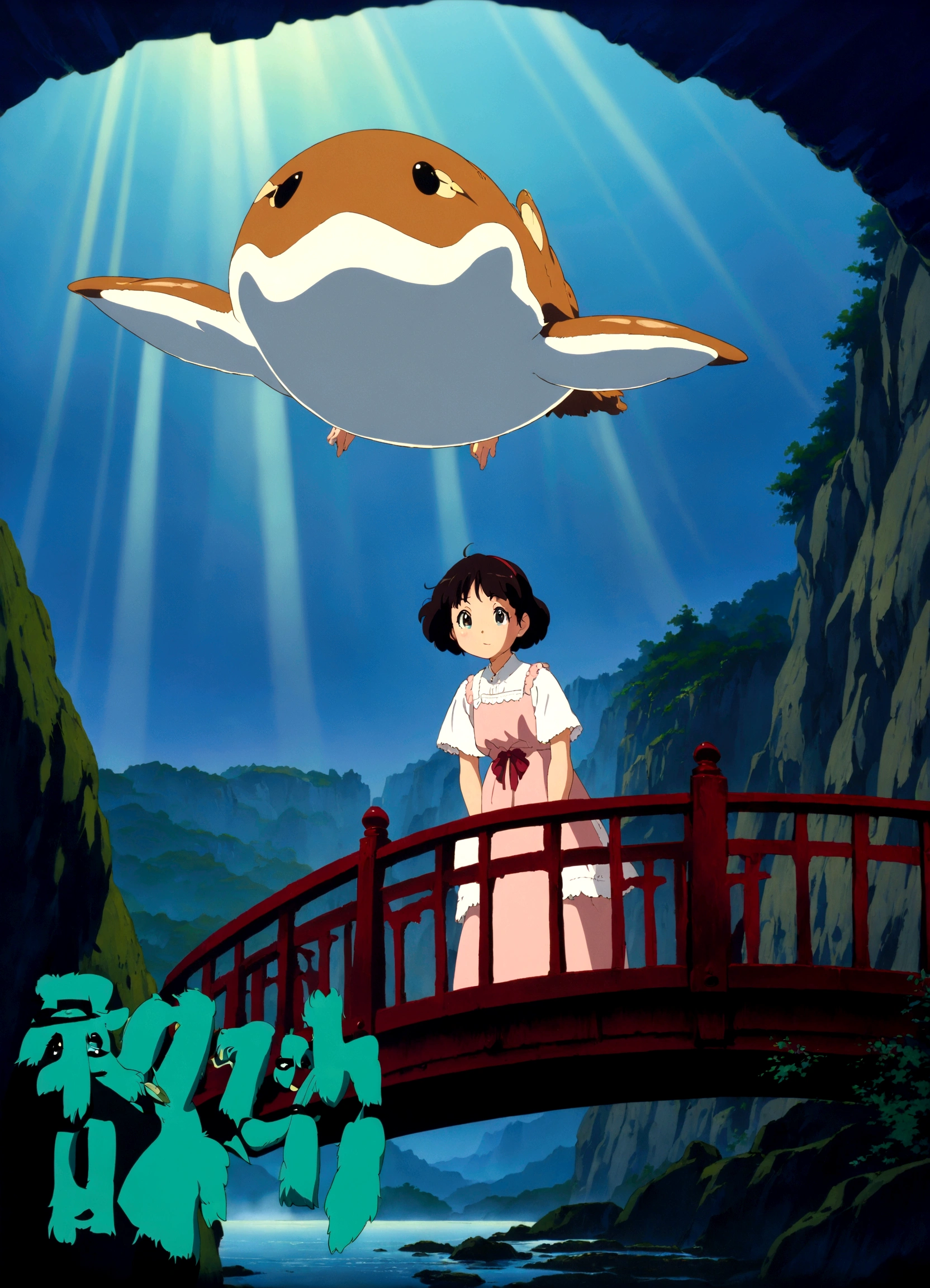 Close-up of a movie poster depicting a girl flying over a bridge, Movie Poster 1993 Anime, Miyazaki Movies, Miyazaki Movies, Miyazaki anime films, Ghibli Movies, Ghibli anime style, Movie promotional images, Studio Ghibli anime films, Ghibli anime movies, ghibli Miyazaki Movies poster
