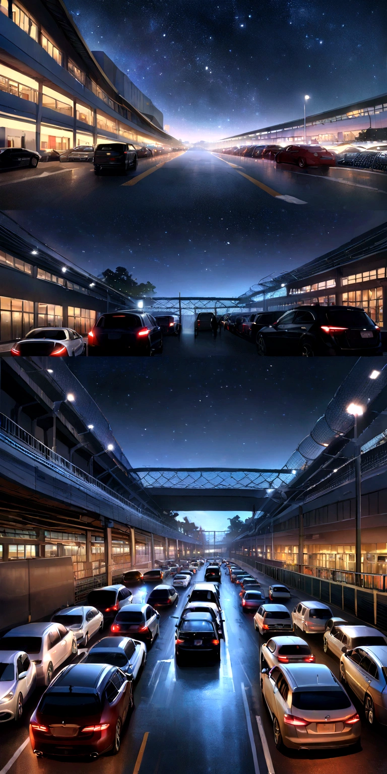 Row of cars in an car park, wired fence, best quality, realistic, takes place at night, stars in the sky, masterpiece, lots of cars, panoramic view