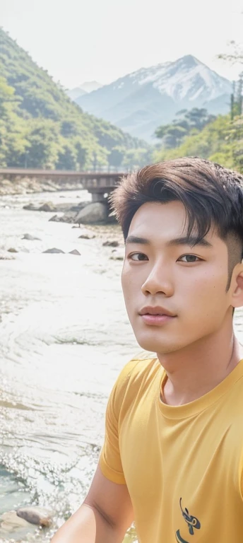 there is a cute korean boy that is standing in front of a river, handsome boy, profile pic, thawan duchanee, shot by sonu, profile picture 1024px, picture, profile picture, cute korean boy, profile picture, selfie photo, yellow tshirt , good looking face, portait photo profile picture, mountain view, greenary