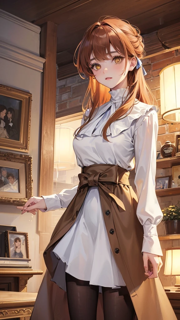 Photograph of the upper body of a beautiful woman,  , normal breasts, perfect body), Sharp focus, (tall body, mature woman), ((Looking ahead)), (Highly detailed skin, hair follicles:1.4,) (long  hairstyle ,ginger hair, yellow eyes) , (white blouses:1.47),(brown skirt),(sweater) ,  night light  , high quality ,normal expression, cottage core, blue ribbons 🎀 💙, brown coat , minimal styles, modern 