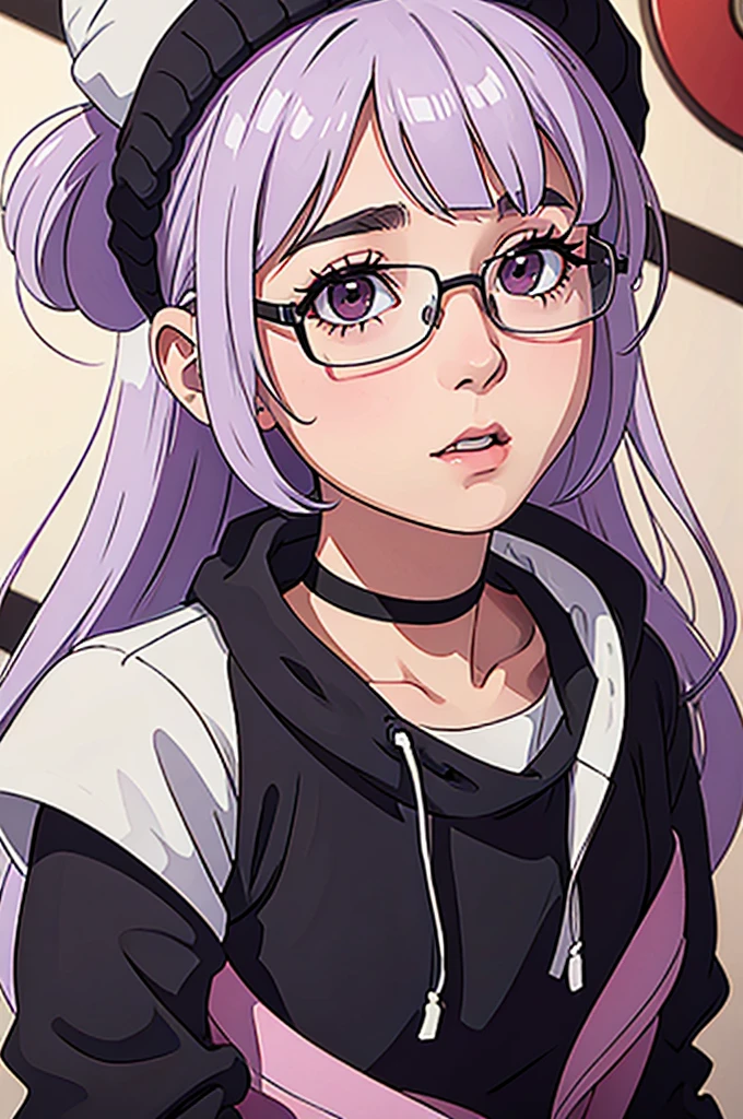 girl, white beanie, bangs, light purple hair, red eyes, glasses, [black tanktop], choker,
