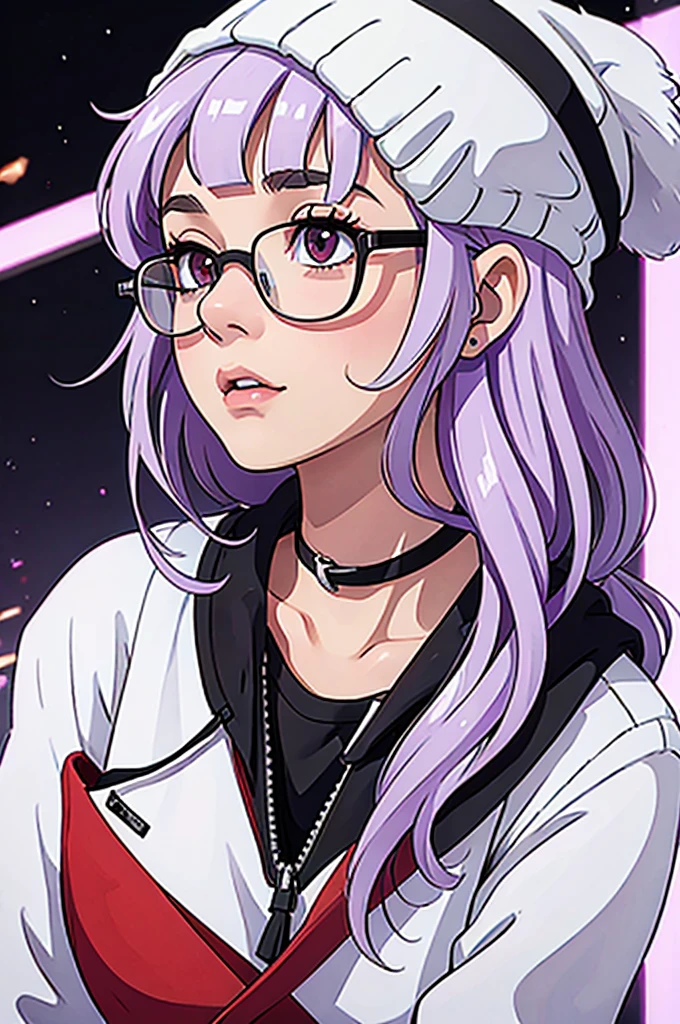 girl, white beanie, bangs, light purple hair, red eyes, glasses, [black tanktop], choker,