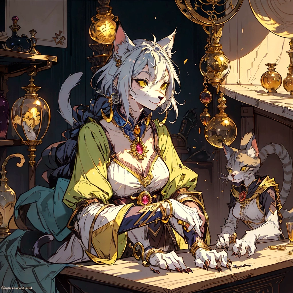 anime cat sitting at a table with a lot of jewelry, an anthro cat, by Cynthia Sheppard, anthro cat, anthropomorphic female cat, furry fantasy art, elegant cat, anthropomorphic cat, by Yang J, anthro art, professional concept art, very very beautiful furry art, fantasy alchemist laboratory, he is in a alchemist lab