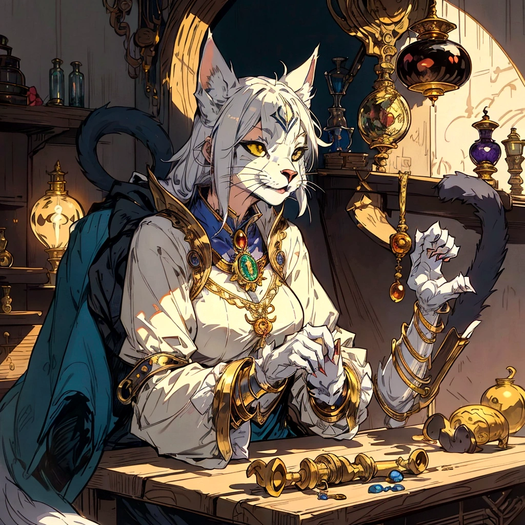 anime cat sitting at a table with a lot of jewelry, an anthro cat, by Cynthia Sheppard, anthro cat, anthropomorphic female cat, furry fantasy art, elegant cat, anthropomorphic cat, by Yang J, anthro art, professional concept art, very very beautiful furry art, fantasy alchemist laboratory, he is in a alchemist lab
