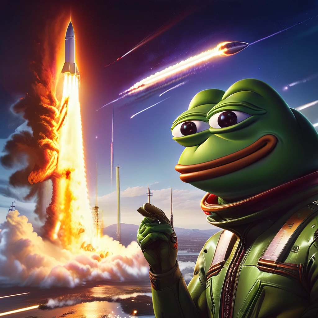 A highly detailed, photorealistic, 4k digital art illustration of Pepe the Frog watching the launch of Elon Musk's rocket, dynamic and dramatic composition, glowing rocket exhaust, vibrant colors, cinematic lighting, intricate textures, masterfully rendered, hyperrealistic, cinematic atmosphere, compelling narrative