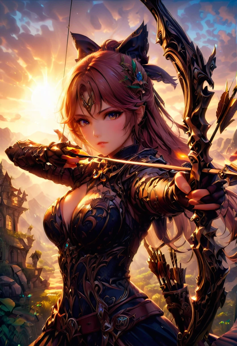 a watercolor illustration of a exquisite beautiful female archer, (silhouette artwork: 1.3), ready for action as the sun rises, fantasy art, ), sun rising behind the archer, ready to act,  ultra feminine, with a long curvy hair, dynamic bow, sting drawn to the cheek , arrow ready to be shot, (arrow tip glimmers: 1.1), sunrays, divine rays, high details, best quality, 16k, [ultra detailed], masterpiece, best quality, (extremely detailed), dynamic angle, Aiming a Bow, bow (weapon), Aiming a Bow