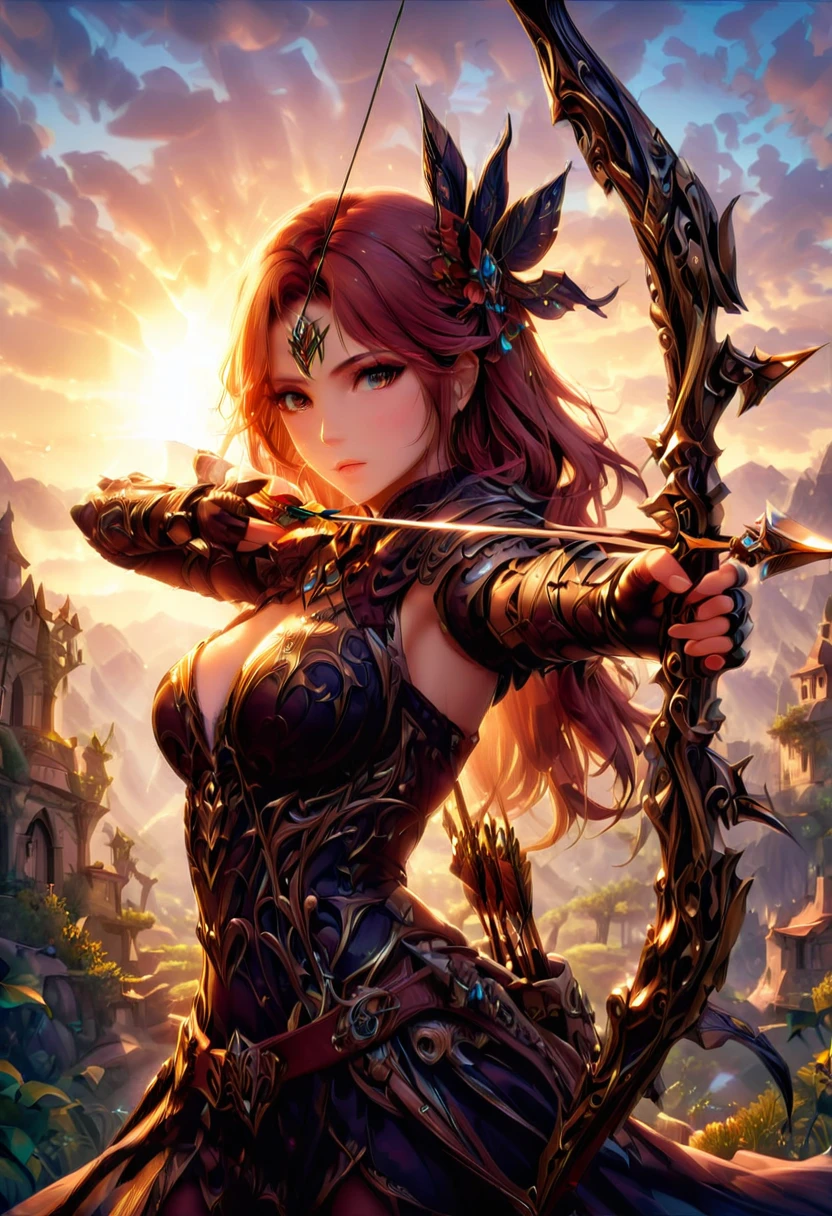 a watercolor illustration of a exquisite beautiful female archer, (silhouette artwork: 1.3), ready for action as the sun rises, fantasy art, ), sun rising behind the archer, ready to act,  ultra feminine, with a long curvy hair, dynamic bow, sting drawn to the cheek , arrow ready to be shot, (arrow tip glimmers: 1.1), sunrays, divine rays, high details, best quality, 16k, [ultra detailed], masterpiece, best quality, (extremely detailed), dynamic angle, Aiming a Bow, bow (weapon), Aiming a Bow