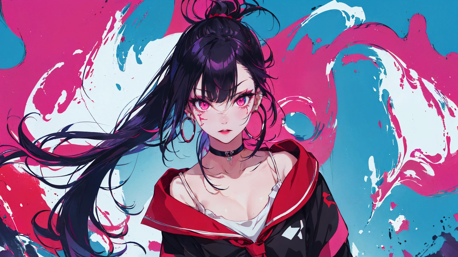 hair above one eye, Purple eyes, Clear Eyes, choker, Neon Shirt, torn legwear, open jacket、Blue pubic hair catches my eye,Bright red background、Red background, graffiti, Shineing grafiti, Shineing tattoos, Shine, Neon Light, Black light,Anime Style, movie portrait photography, 1 female, 22 years ago, Whole Body Ezbian,Big and ample breasts, anger, (Scarlet Hair), Long Hair, Purple eyes, wearing a short black dress, (Natural skin texture vivid details, Surreal, (Realistic eyes, Natural skin texture, Realistic facial details), Soft and dramatic lighting, Written boundary depth, Bokeh, vivid details, Surreal, 35mm movie, Absent-minded, movie,lipstick, ear piercing, eye shadow, Hoop Earrings, red pink lips, multicolored red eyes, Red background,Beautiful Eyes,Bold Pose、Strike a Pose,upper ponytail,drooping bangs,Droopy eyes、((school uniform))、high school girl