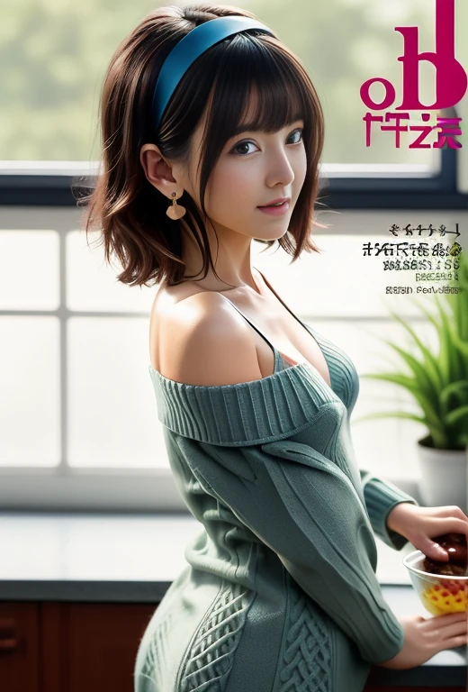 (small breasts:1.3), (perky chest:1.1), (pointed chest:1.0), (Pudding cake magazine cover:1.3)，(from above:1.0),(from side:0.9),masterpiece, 1girl, Amazing Cleavage:1.1, thin waist, big ass, Raised sexy, small breast: 1.3, sexy posed cleavage:1.2,solo, open mouth, have a cute grass of cute beergrass,bronde hair, dark blue eyes, dress, bare shoulders, jewelry, collarbone, sidelocks, hairband, earrings, indoors, off shoulder, sweater, arms behind back, plant, short hair with long locks, gild hairband, sweater dress:1.2, off-shoulder sweater, red sweater, dark gord hair, big side hair, very long side hair,is rendered in (masterpiece: 1.2, best quality), with (ultra high resolution) and an exquisite (depth of field). This masterpiece is not only visually stunning but also tells,A scene of cooking in the kitchen in the classroom ,looking at viewer,
