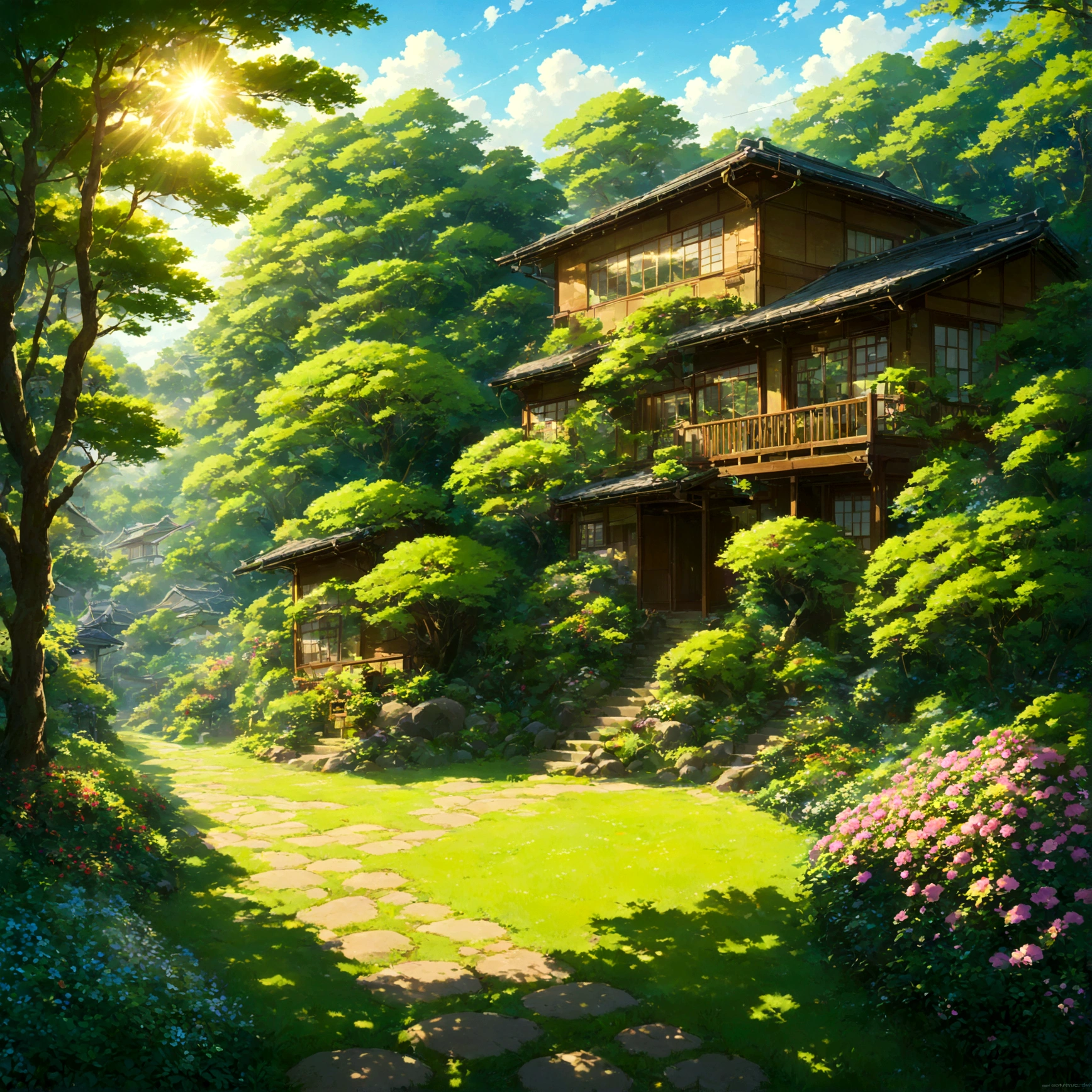 Sunlight filtering through the trees、静かな夏のEarly Afternoon。Dense trees々In、ひっそりと佇むSatsuki and Mei&#39;s House。The walls of the wooden house give a sense of age.、Soak up the sunshine、It&#39;s getting warmer。In front of the house、緑豊かなgardenが広がり、Colorful flowers blooming in abundance。gardenの片隅には、苔むした古いwellがあり、Around it、It&#39;s as if time has stopped、There is a quiet atmosphere。美しいAnime Scenery, Landscape painting, Beautiful digital painting, Andreas Rocha, Beautiful artwork illustration, Awesome Wallpapers, Raymond Han, Tall beautiful paintings, Studio Ghibli Makoto Shinkai, Beautiful Wallpapers, Anime Scenery, My Neighbor Totoro, Satsuki and Mei&#39;s House, garden, Early Afternoon, well, Nostalgic, Humans don't draw