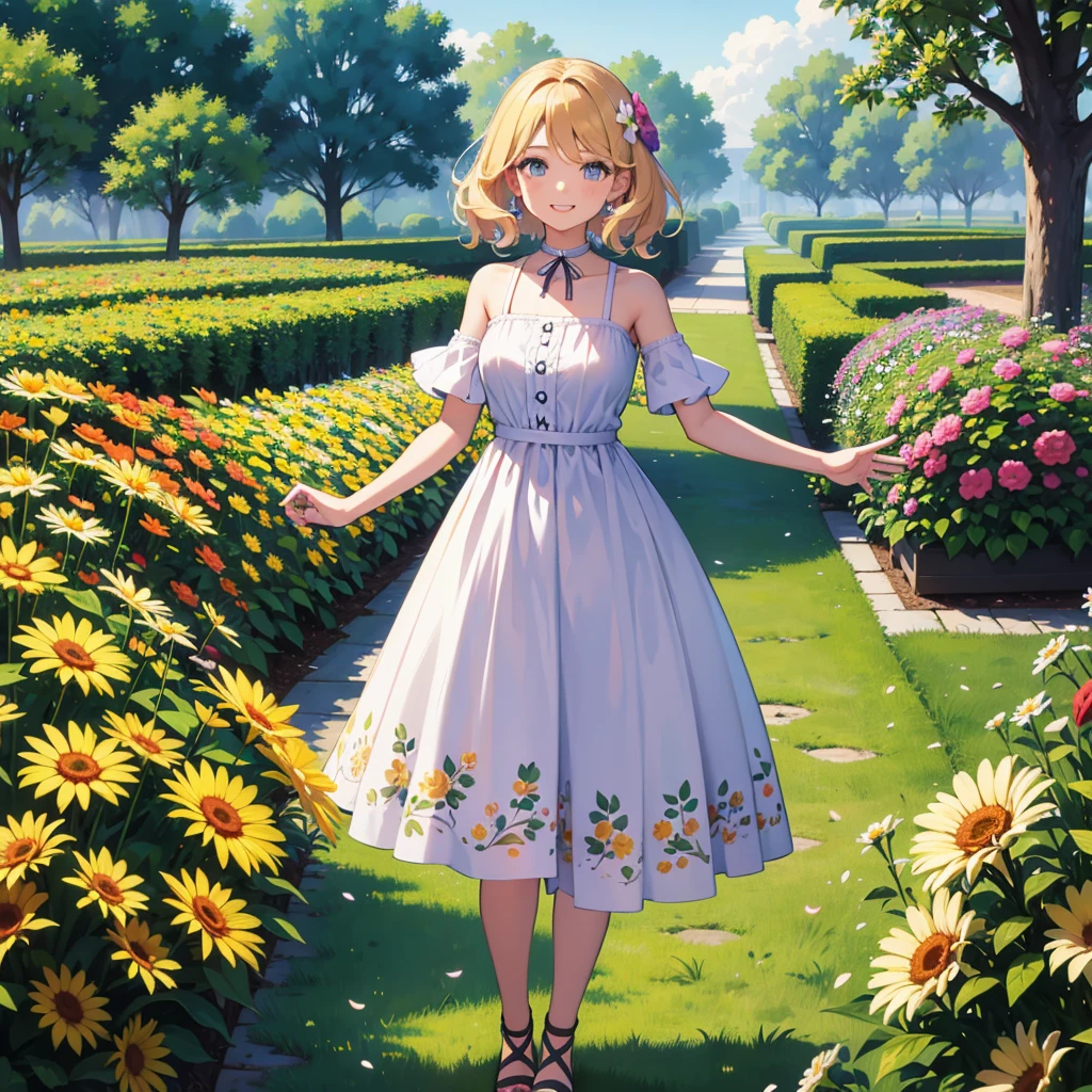 work of art, best qualityer, absurderes, perfect antomy, 1 girl, standing alone, PascalTales, shorth hair, comely, happy, Sunnyday, Botanical Garden, summer breeze, summer dress, flower print, wavy hair, smiling