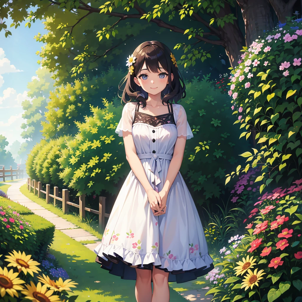 work of art, best qualityer, absurderes, perfect antomy, 1 girl, standing alone, PascalTales, shorth hair, comely, happy, Sunnyday, Botanical Garden, summer breeze, summer dress, flower print, wavy hair, smiling