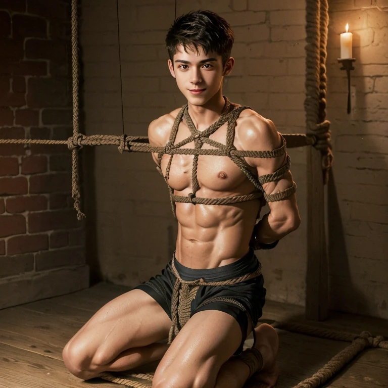  (((19 year old boy, skinny, lean))), smiling (((wearing gym shorts)))  kneeling, ((((Trussed up completely with rope)))), ((((very tight rope crossed over chest)))),(((body in tight shibari ropes))) sweating, wet skin, in a dungeon with candles and a fireplace 
