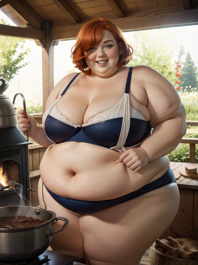 A happy photo of a young beautiful redhead bbw with short ginger hair soft fat belly, wide fat obese hips, thick fat legs and fat arms, cute pretty face, blue eyes, freckles, in underwear cooking goulash in a giant cauldron with a fire place below it in the garden