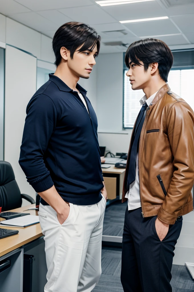 Two anime male character talking each other in office