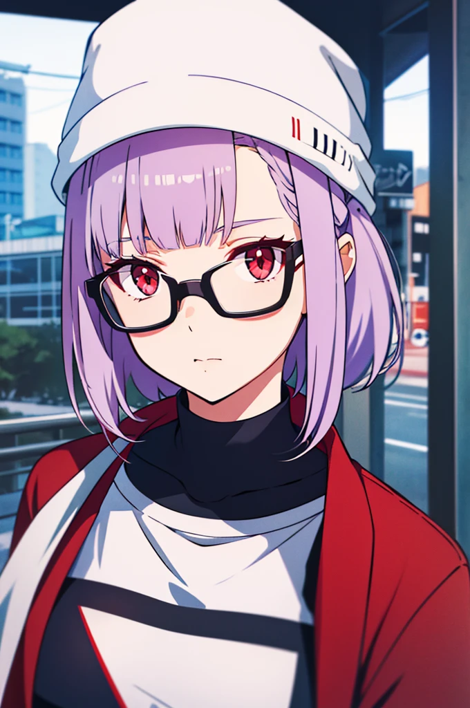 girl, white beanie, bangs, light purple hair, red eyes, glasses, [black shirt]