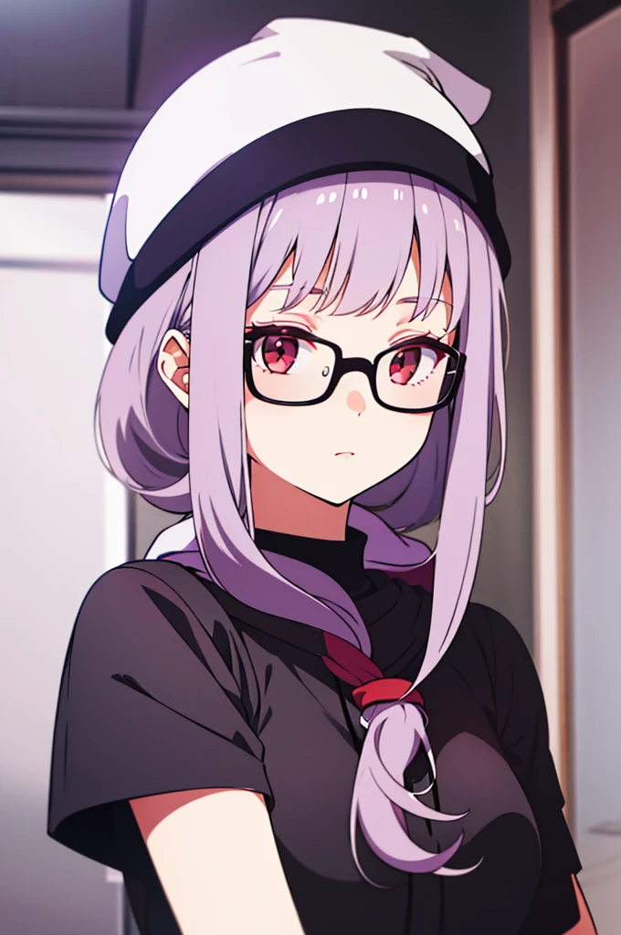 girl, white beanie, bangs, light purple hair, red eyes, glasses, [black shirt]