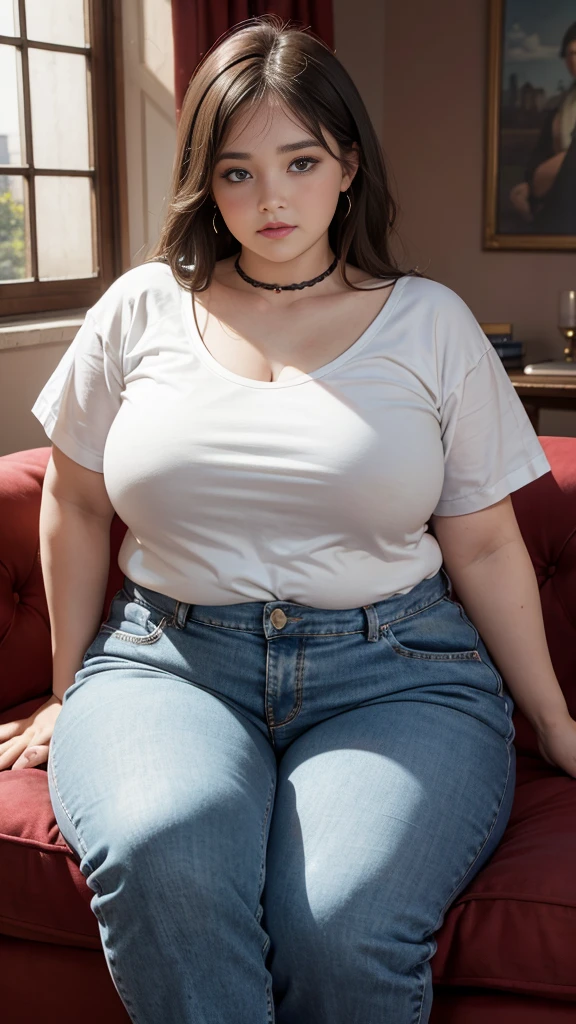 Femme très grosse, assise dans des coussins, Makima, bbwchan, cheveux rouges et yeux jaunes, double menton, elle tire sur son gros ventre mou et rebondi avec ses mains pour le sortir. Elle porte un short en jean et un haut en dentelle, belle lumière sur elle, magnifique femme obese