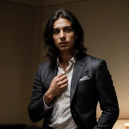 This striking image presents a youthful, charismatic individual exuding a captivating blend of style and self-assurance. The subject's defining features, including his sharply styled dark hair and piercing gaze, create an alluring, almost mysterious presence.

Dressed in a tailored, checkered suit jacket that sports a bold, pineapple-inspired patch, the subject's attire reflects a keen fashion sense and a playful, confident spirit. The contrasting textures and patterns of the jacket and his partially exposed torso accentuate his athletic, toned physique, adding to the overall visual appeal.

The subject's posture, with one hand casually resting on his face, conveys a sense of casual elegance and introspection, inviting the viewer to imagine the thoughts and experiences that have shaped this individual. The warm, subdued lighting and the rich, textured background create a captivating, cinematic atmosphere, heightening the portrait's sense of depth and emotional resonance.

This image is a testament to the subject's magnetism and the photographer's skill in capturing a moment that celebrates the individual's unique blend of style, charisma, and inner complexity. The viewer is left intrigued and drawn into the narrative, eager to learn more about this captivating protagonist.