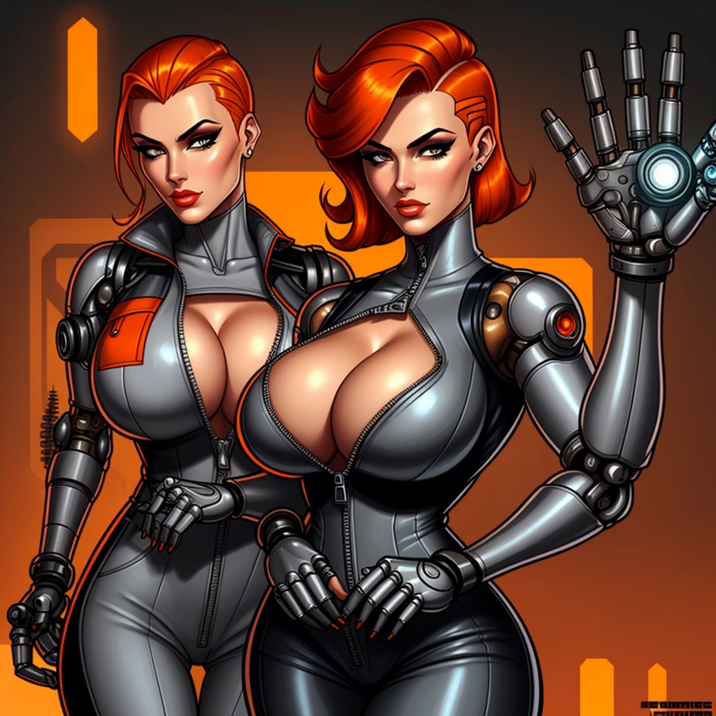 Femme Fatale, gorgeous mechanic, atompunk, blank background, retro-futurism, mechanical hand, cybernetic augments, unzipped orange jumpsuit, gunmetal grey, cleavage, half shaved head, ginger hair