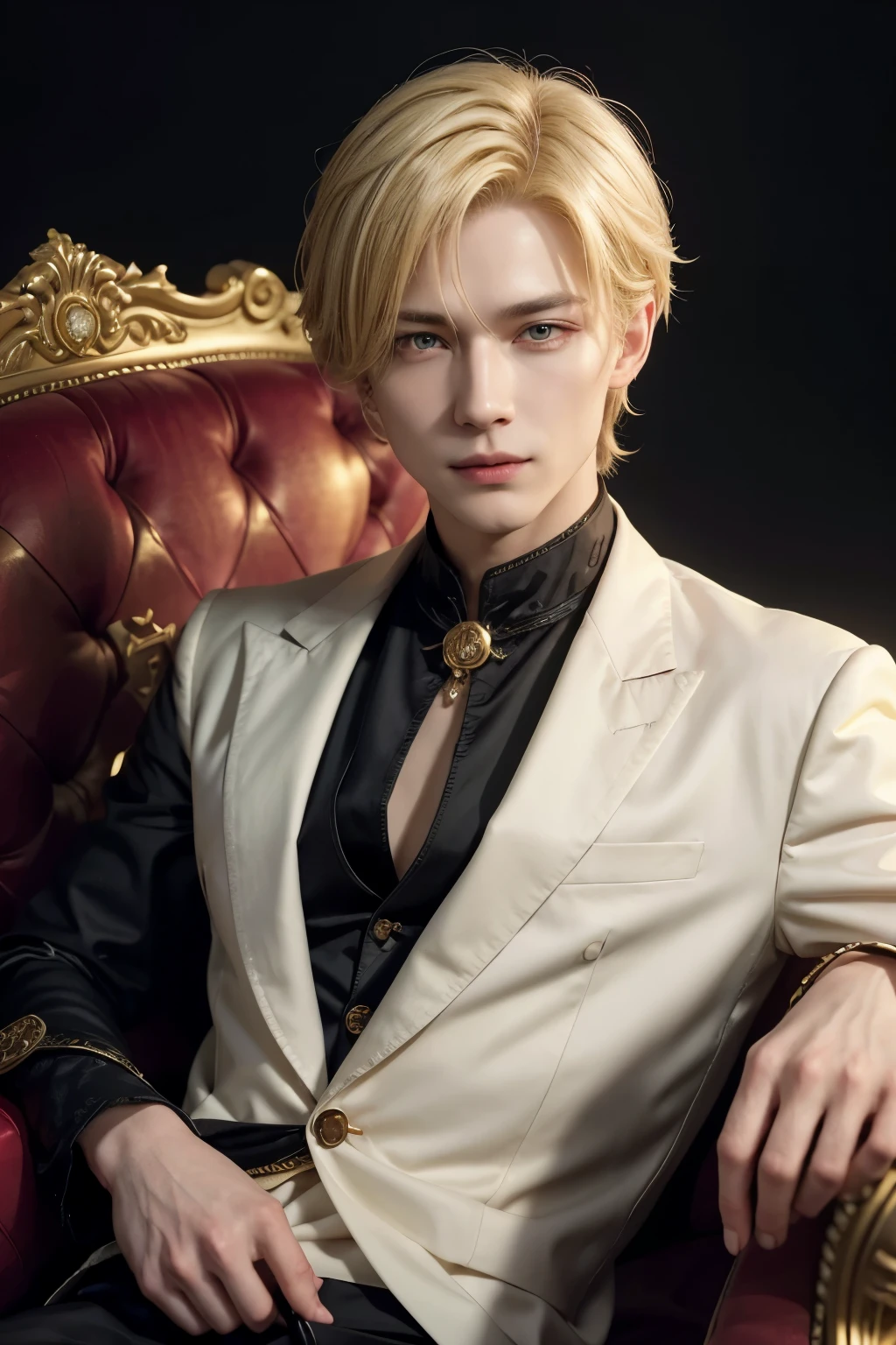 Henry, from the novel The Divorced Empress Seducing Remarries. has short yellow blonde hair, white skin and lavender eyes. He is sitting on a red throne with golden decorations. He has darker black wings and his shirt is black and the first button is unbuttoned.. He has a flirtatious sly smile. His face is mature and realistic.